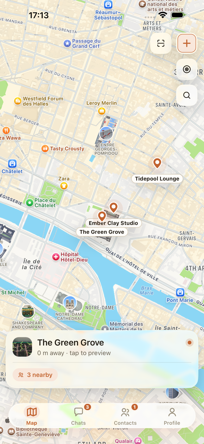 The Qiela map: active salons pinned around you, with a nearby salon ready to preview