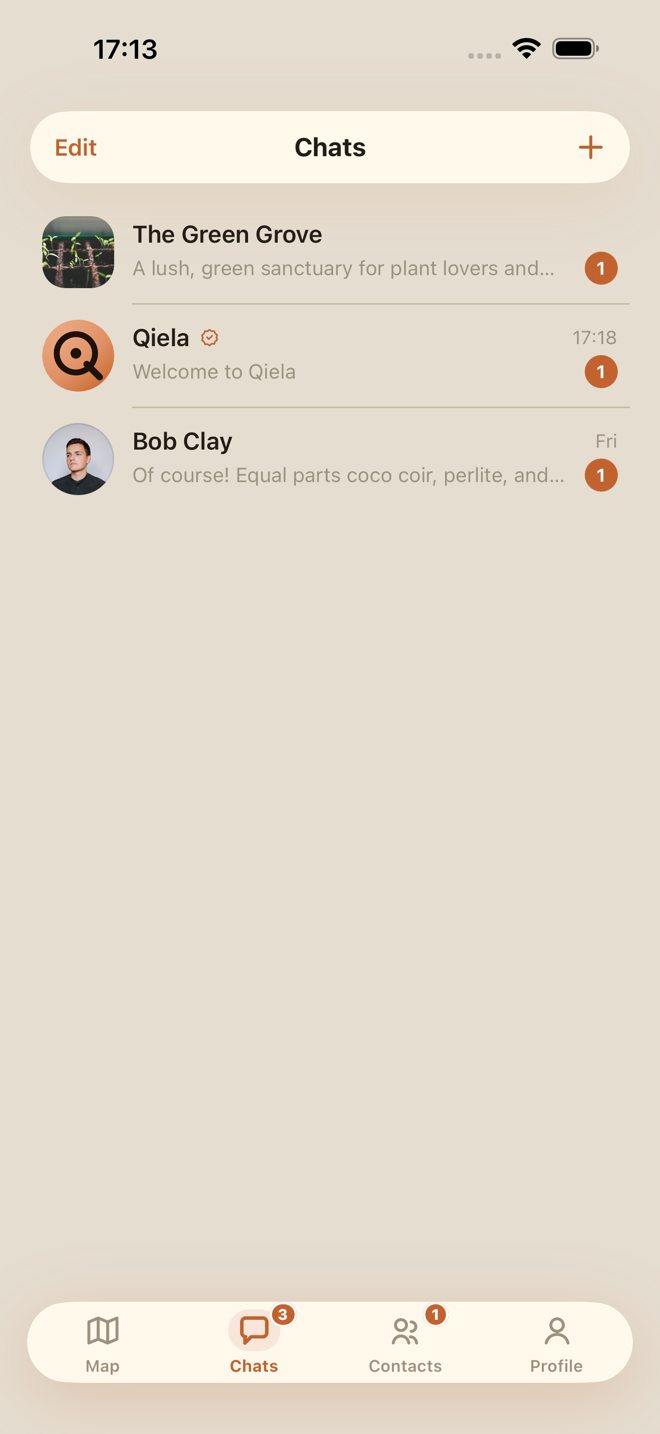 The Chats tab: salons and private conversations in one inbox, with unread badges
