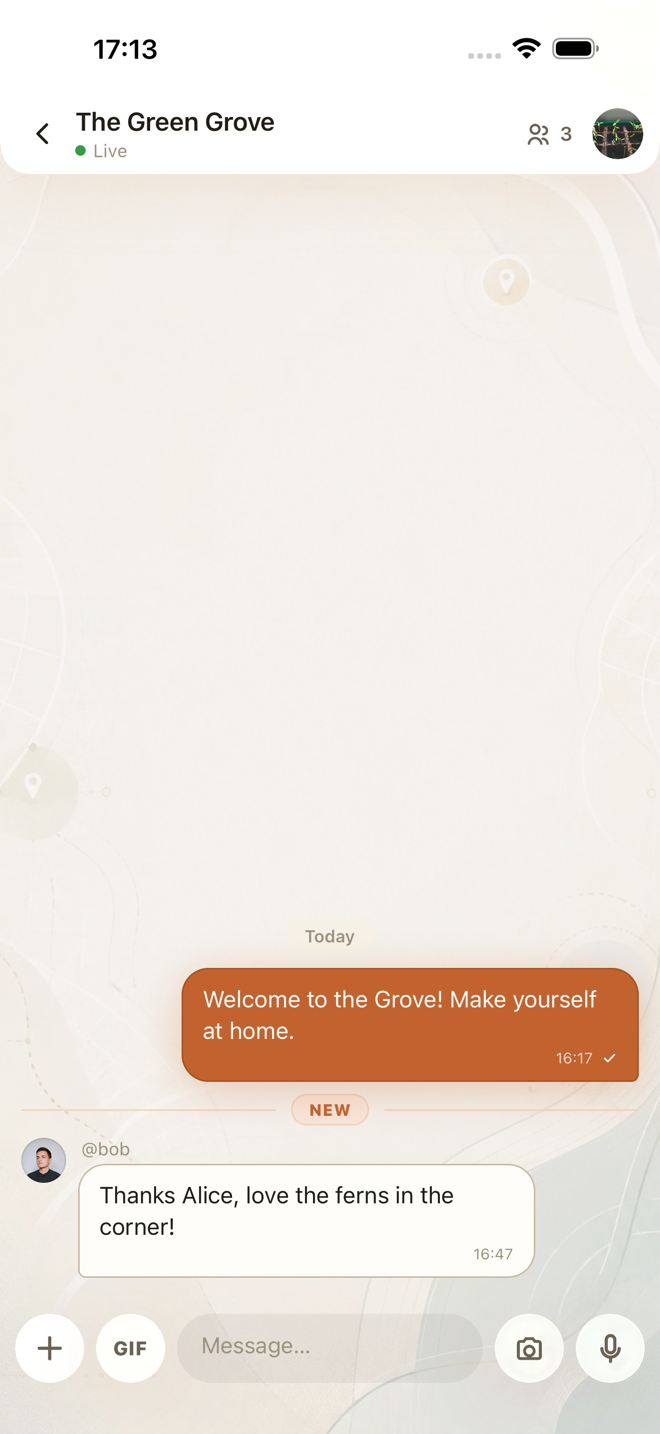 A live salon chat with messages, photo, GIF and voice composer