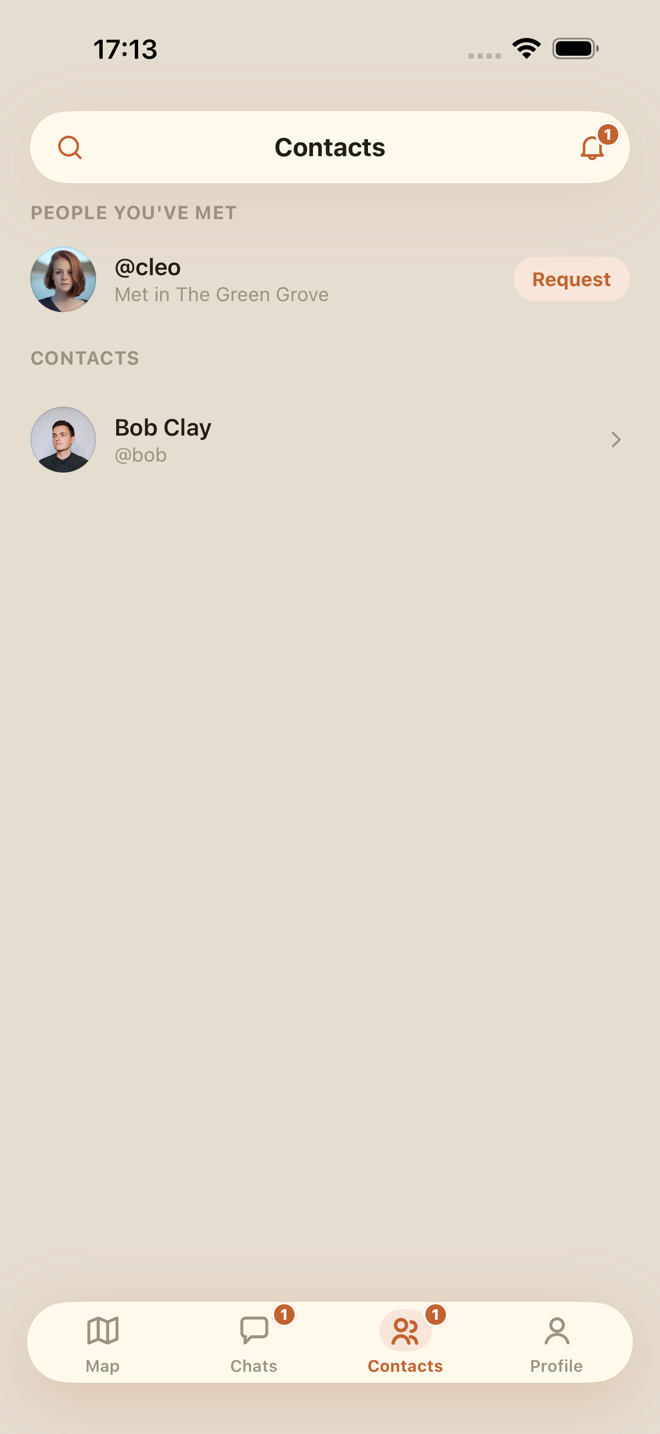 The Contacts tab: your contacts and people you've met in salons
